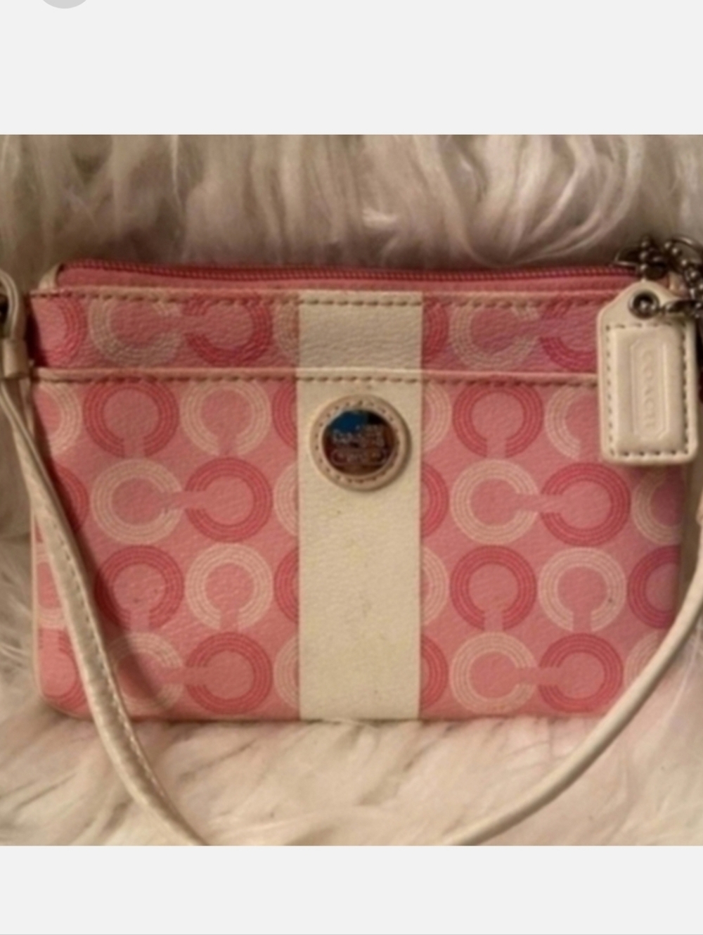 Coach Pink And Cream Circle C Signature Stripe Durable Mini Handbag Wristlet